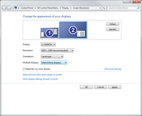 The "Screen resolution" menu. If the external LCD is not automatically recognized, click on "Detect". After the monitor has been recognized, you can select the display mode from the "Multiple displays" drop-down menu. Select "Extend display screen" to make the laptop screen and the external LCD into a single display screen (dual display).