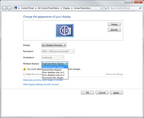 Select "Duplicate display screen" from the "Multiple displays" drop-down menu to display the same content on the laptop screen and the external LCD screen (clone view). With this drop-down menu you can also set it to display video on one of the LCDs.