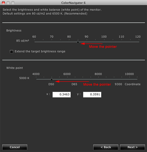 Experienced users can assign the desired values for brightness, white point, and gamma and then calibrate.